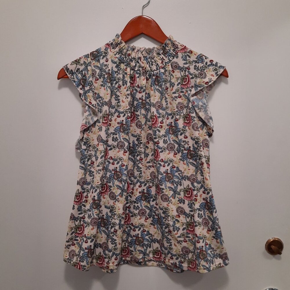 Melloday Floral Top, Size S, Blue/Pink/Cream
